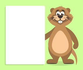 Brown nutria with white board on a green background. Template for your text. Cartoon character with white banner. Place your text on blank sheet. Vector illustration.