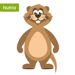 Funny brown nutria. Cartoon character in a white background. Flat style. Vector illustration.