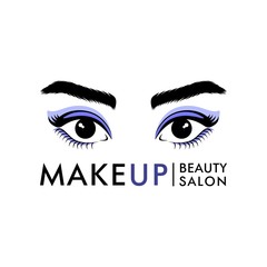 Logo for beauty studio or salon. Woman's eyes with purple shadows, long eyelashes and beautiful eyebrows. Vector logotype.