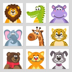 Set of portraits of animals in a square frame. Lion, alligator (crocodile), hippopotamus, elephant, giraffe, leopard, bear, cat, dog. Icons in a flat style. Cartoon characters for children. Vector.