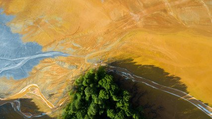 Aerial view of a highly polluted lake with cyanide in Geamana, Romania. 