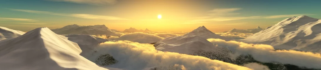 Foto op Plexiglas Pieken in de wolken bij zonsondergang. Panorama van het berglandschap. 3D-rendering © ustas