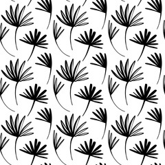 Vector seamless pattern of ink drawing wild plants, monochrome botanical illustration, floral elements, hand drawn repeatable background. Artistic backdrop with palm leaves.