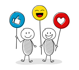 Smiley cartoon people holding balloons with emoticons. Vector.