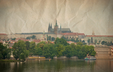 View of the city of Prague in the Czech Republic from the Vltava river, toned image
