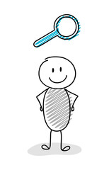 Cartoon stickman holding magnifier (search) symbol. Vector.