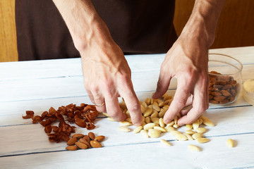 peeled almonds on the table.