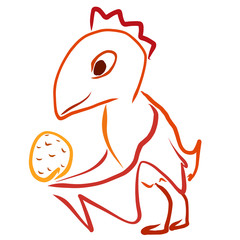 Funny bird dinosaur looks with love on the egg with the baby