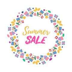 Summer sale banner. Vector frame with flowers and gifts icons on a white background. Cute border with simple element for kids and DIY project.