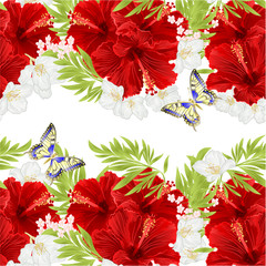 Floral horizontal border seamless background red hibiscus flowers  with jasmine and butterfly vintage  vector Illustration for use in interior design,  dishes, clothing,  greeting card, packaging
