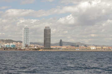 Fototapeta premium Editorial usage. Barcelona city. View from the sea. 