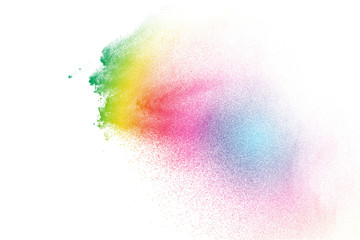 Colorful powder explosion on white background. Colored cloud. Color dust explode. Paint Holi.