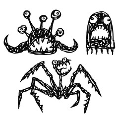 Monsters emoticons set. Contour freehand digital drawing. Vector illustration.