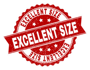 EXCELLENT SIZE seal print with distress texture. Rubber seal imitation has round medal form and contains ribbon. Red vector rubber print of EXCELLENT SIZE label with scratched texture.