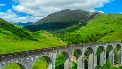 Aerial view over the famous Glenfinnan viaduct in the highlands of Scotland