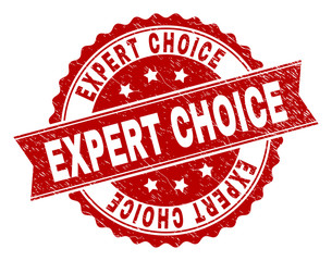 EXPERT CHOICE seal print with distress style. Rubber seal imitation has circle medallion form and contains ribbon. Red vector rubber print of EXPERT CHOICE caption with dust texture.
