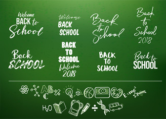 Big set of Welcome back to school labels isolated on green chalkboard. School Background. Vector illustration. Typography, calligraphy badges. Doodle pack for education design.