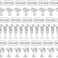 Tropical Cocktail glasses black on a white background with Cheers lettering Seamless vector pattern. Great for backgrounds, restaurant, bar menues, bar decorations. Handwritten lettering.