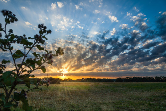 Wundersch&ouml;ner Sonnenaufgang mit Wolkenhimmel &uuml;ber einem Feld in Brandenburg