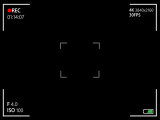 Camera rec interface viewfinder with digital focus and exposure settings. Screen photography frame. Focusing screen zoom, battery status, video quality, Image stabilization. Vector illustration EPS10
