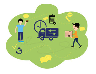 Vector illustration, flat style, various shops, discounts, purchase of goods and gifts, the concept of purchase and fast delivery of goods at home courier. Online orders through the Internet.