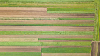 Aerial view of agricultural land during spring time in Romanian countryside.