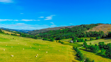Fototapeta na wymiar Green fields and farmland with hay bales in Scotland