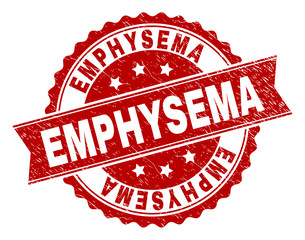 EMPHYSEMA seal print with corroded texture. Rubber seal imitation has round medallion shape and contains ribbon. Red vector rubber print of EMPHYSEMA title with unclean texture.