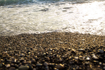 seascape, sea, sunset and sunrise, waves, sandy beach, Golden sand, reflections and glare on the...