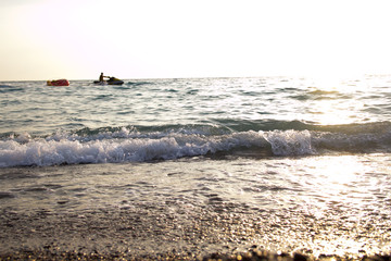 seascape, sea, sunset and sunrise, waves, sandy beach, Golden sand, reflections and glare on the...