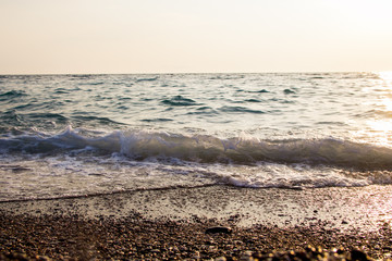 seascape, sea, sunset and sunrise, waves, sandy beach, Golden sand, reflections and glare on the water