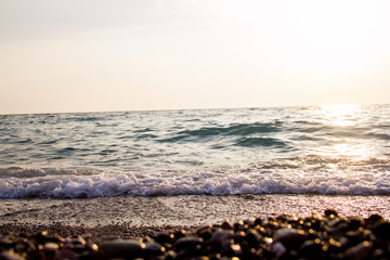 seascape, sea, sunset and sunrise, waves, sandy beach, Golden sand, reflections and glare on the water