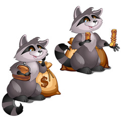 Rich raccoon holds gold coins isolated on white background. Vector cartoon close-up illustration.