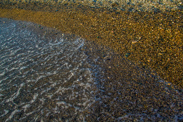 seascape, sea, sunset and sunrise, waves, sandy beach, Golden sand, reflections and glare on the...