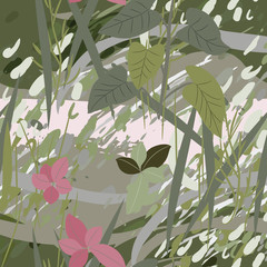 Military camouflage texture with trees, branches, grass and watercolor stains