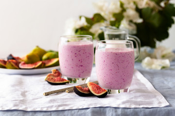 healthy breakfast smoothie with fresh figs, banana and honey 