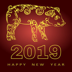 Fototapeta premium Happy chinese new year 2019 card with gold pig zodiac. Gold paper cut art and craft style. Silhouette of a pig consists of a floral pattern.