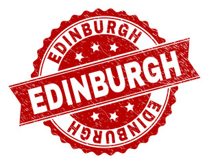 Obraz premium EDINBURGH seal print with distress texture. Rubber seal imitation has round medallion form and contains ribbon. Red vector rubber print of EDINBURGH label with corroded texture.