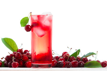 Cold alcoholic cherry cocktail on the white