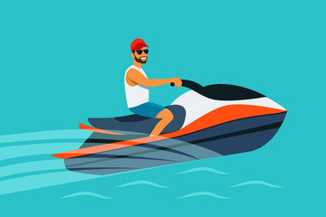 Young man riding watercraft isolated. Vector flat style illustration