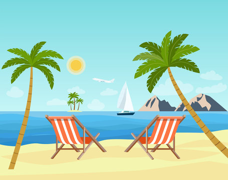 Two deck chairs on the beach. Landscape of beach and ocean. Vector flat style illustration