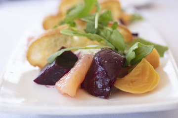 Gourmet salad of red and golden beets with Burrata cheese and arugula
