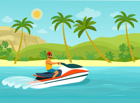 Young man riding watercraft.Tropical landscape with palm trees, ocean and mountain. Vector flat style illustration