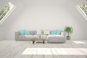 Idea of white room with sofa and summer landscape in window. Scandinavian interior design. 3D illustration
