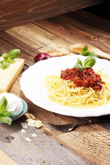 Plate of delicious spaghetti Bolognaise or Bolognese with savory minced beef