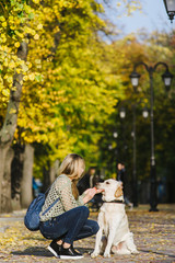 Beautiful young blonde is walking in the park with her labrador in the park in the fall. The woman crouched beside her retriever.