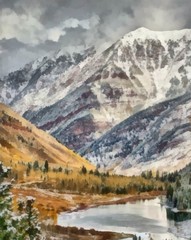 Hand drawing watercolor art on canvas. Artistic big print. Original modern painting. Acrylic dry brush background. Beautiful landscape. Charming view of the riddles of nature.