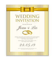 Wedding invitation design template (Save the date card). Classic Golden background with gold bow, ribbon and wedding rings useful for any Invitations,  marriage, anniversary, engagement party