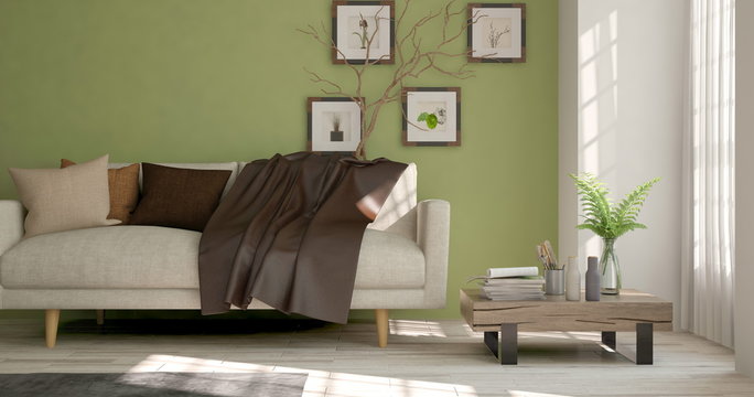 Idea of green minimalist room with sofa. Scandinavian interior design. 3D illustration