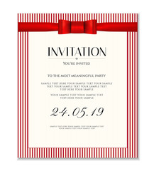 Invitation design template (Save the date card). Classic red stripy background with red bow, ribbon useful for any Invitations, wedding invitation,  marriage, anniversary, engagement, Birthday party
